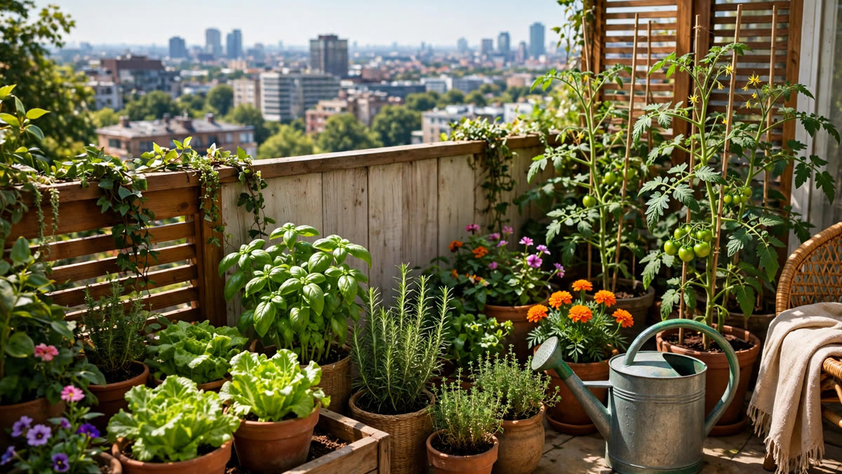Eco-friendly balcony garden with green plants