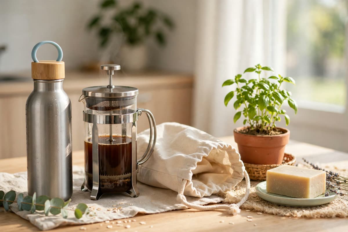A sustainable morning routine: reusable water bottle, French press coffee, cloth bag and a potted herb in morning light